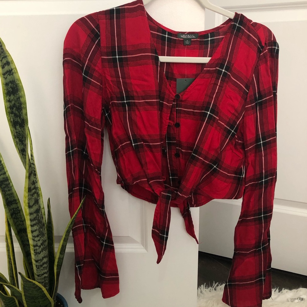 Tie-front crop top, plaid with tags
